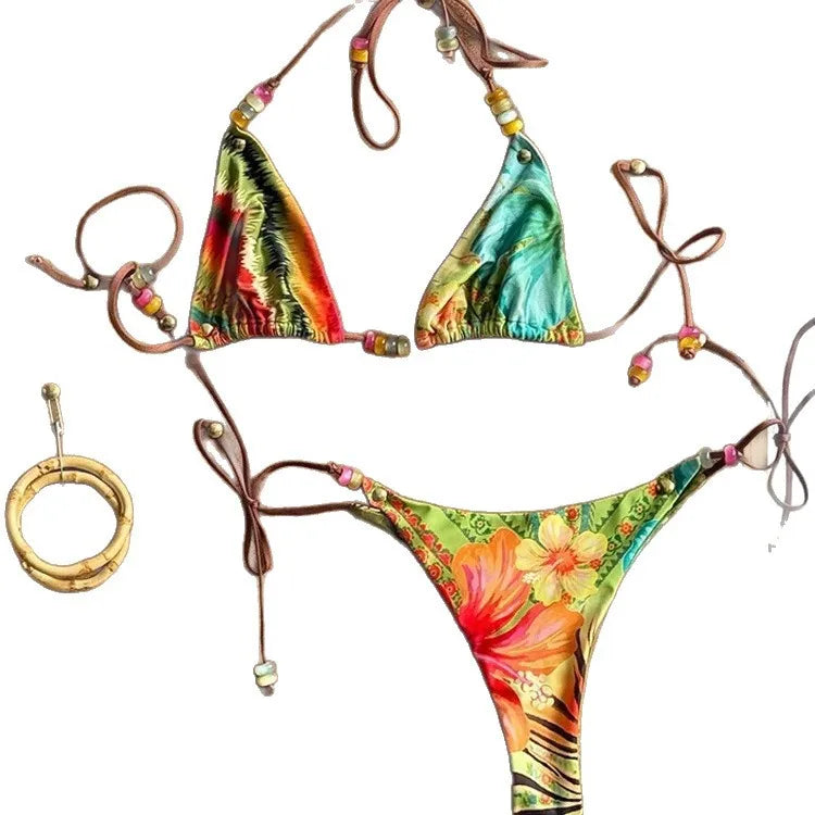 New Printed Bikini Lace-up Neck Beaded Low Waist Bikini