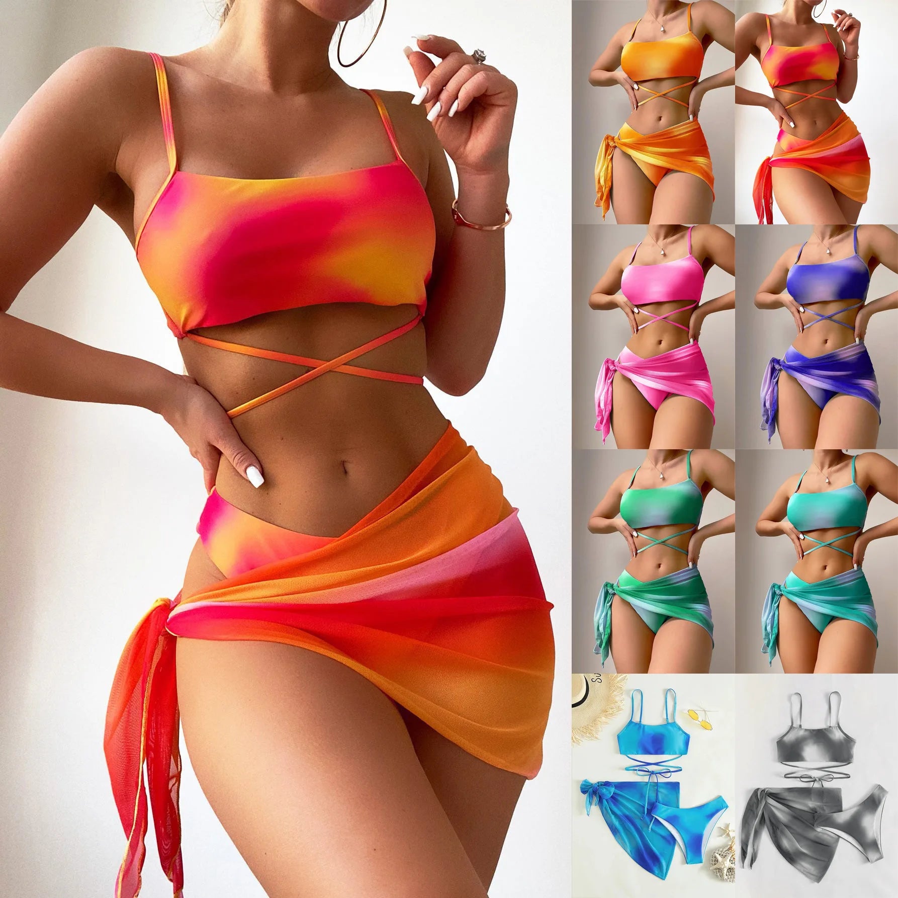 New Tie Dyed Split Bikini 3-Piece Set