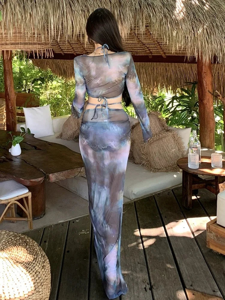 New Tie Dye Summer Long Sleeved Bikini Wrap Swimsuit Four Piece Set Cover up