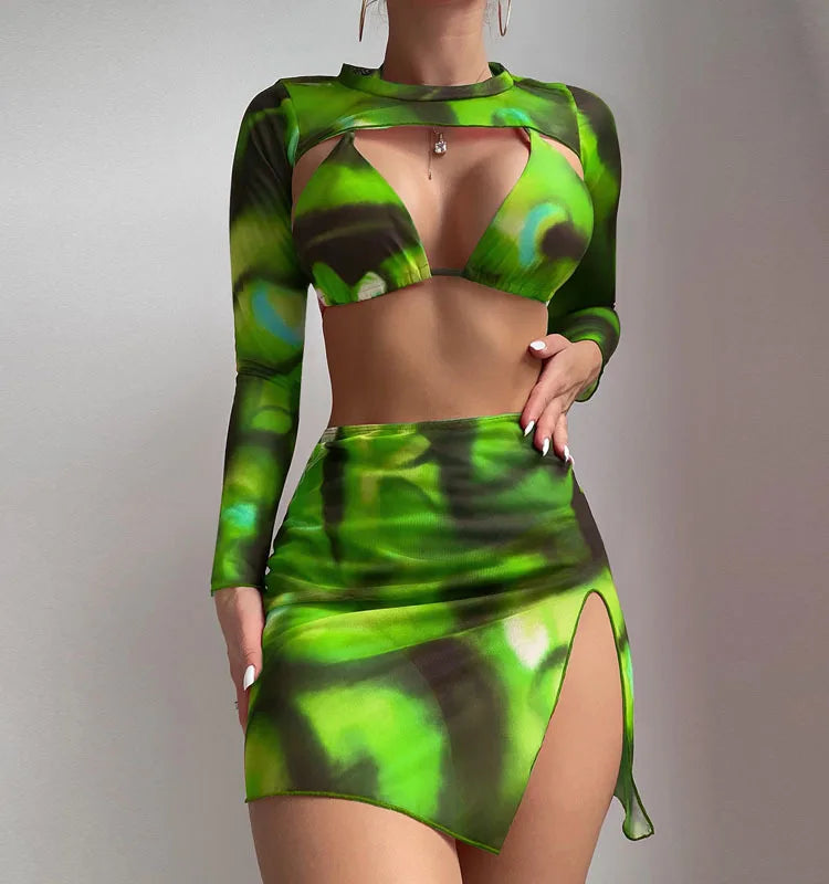 New Tie Dye 4- Piece Bikini Set Cover up with Sarong