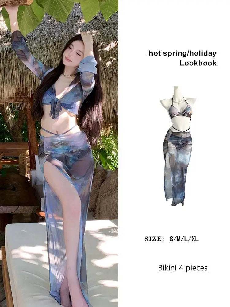 New Tie Dye Summer Long Sleeved Bikini Wrap Swimsuit Four Piece Set Cover up