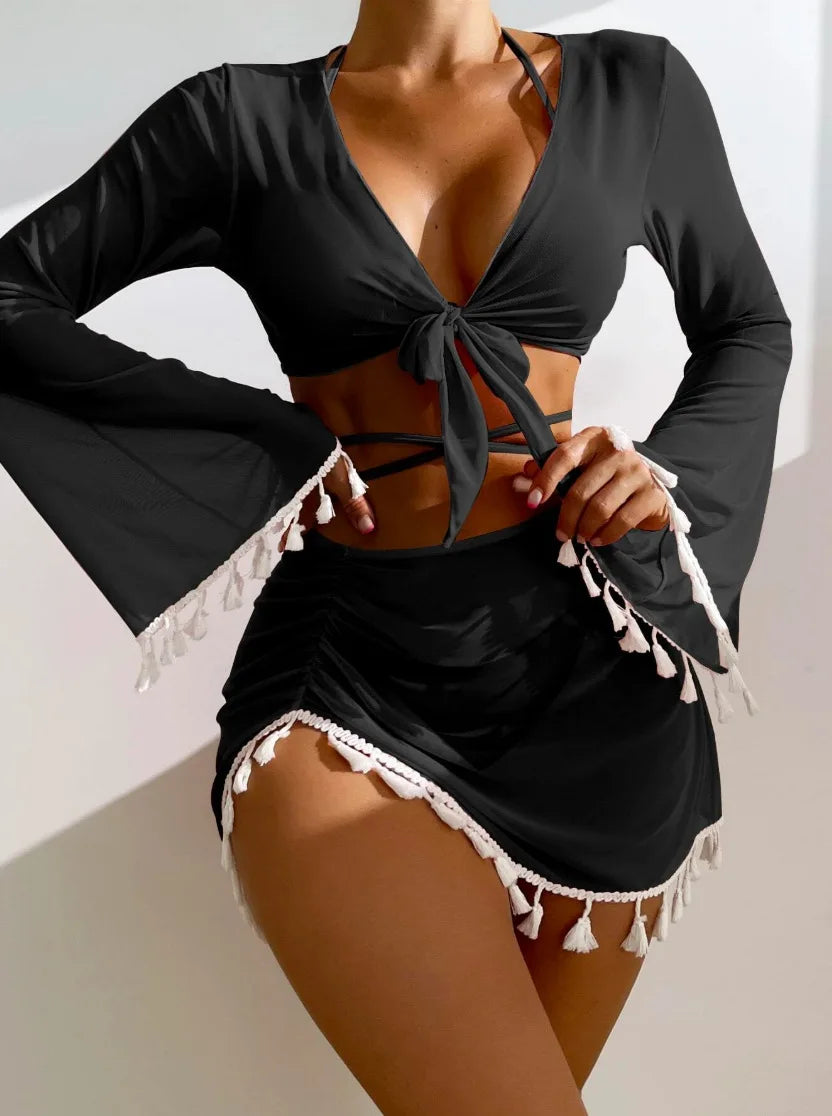 New Tassel 4- Piece Bikini with Top, Skirt