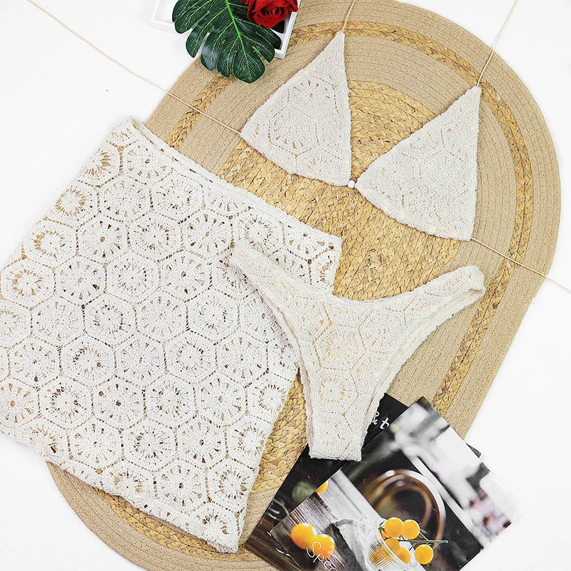 New White 3-piece Bikini Set with Skirt