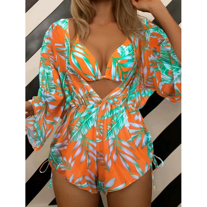 New 3 Piece Bikini Set Romper, Printed