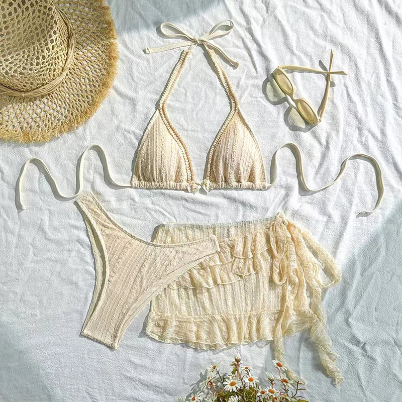New 3-Piece Bikini Set Push up Pleated Backless
