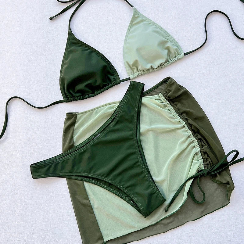 New 3-piece Colour Block Bikini Set with Cover up